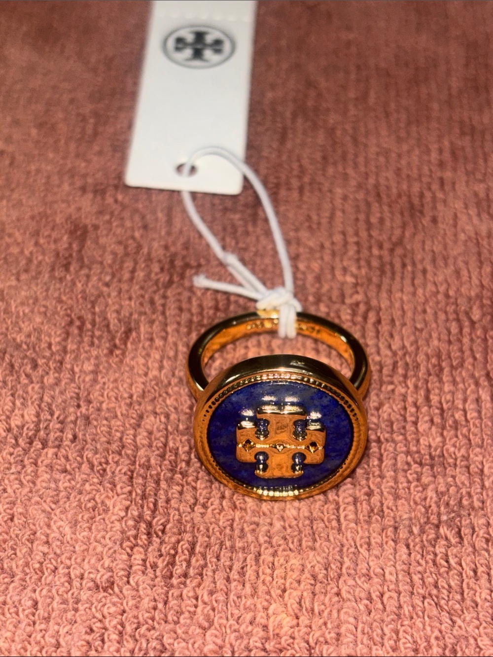 Tory Burch Gold Tone Ring with Navy Enamel Logo